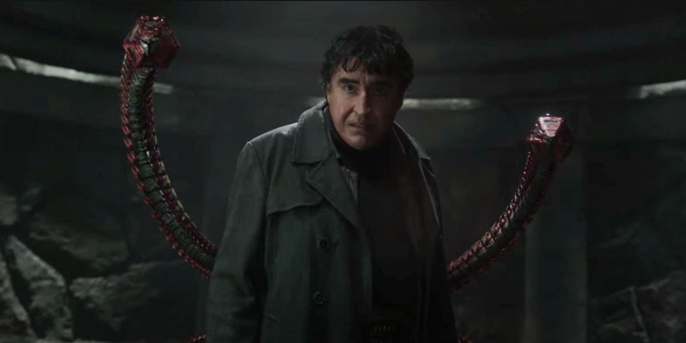 Alfred Molina trapped in a glass prison looking annoyed as Doc Ock in Spider-Man: No Way Home.