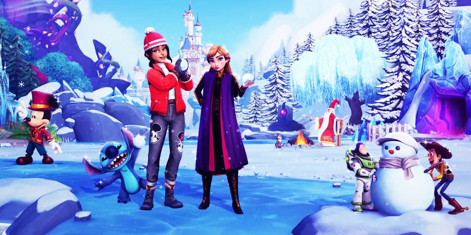 Disney Dreamlight Valley's Christmas update, including Merlin, Anna, Mickey, Stitch, Buzz, and Woody in winter attire.