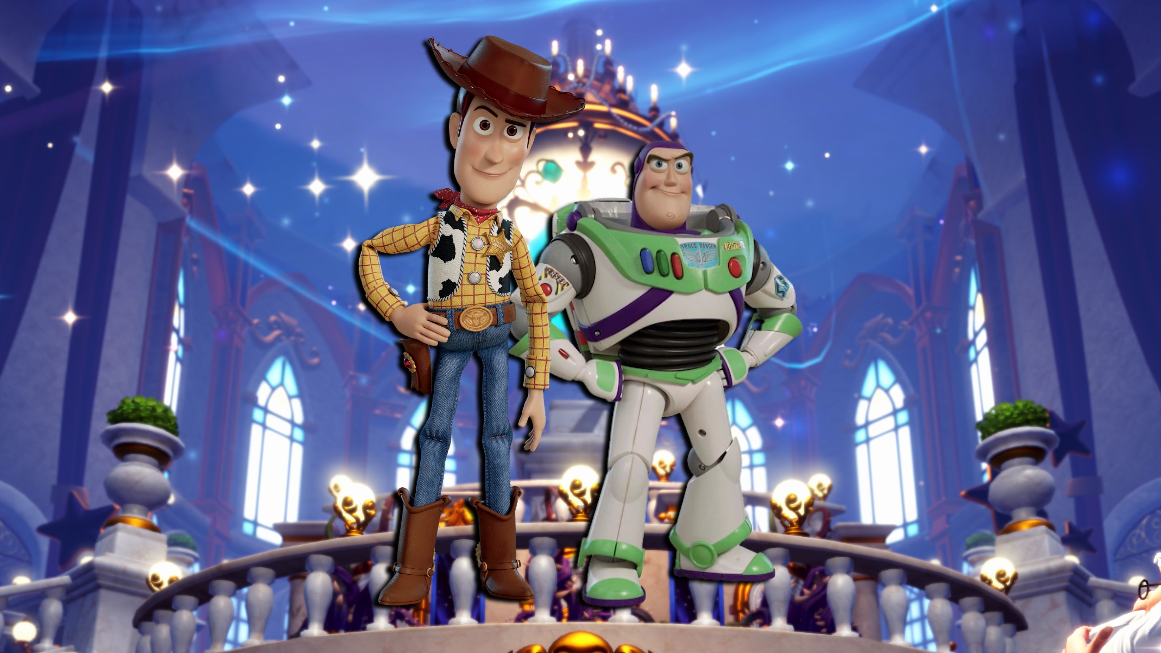 Buzz and Woody, Disney Dreamlight Valley's newest characters, in the game's castle lobby.