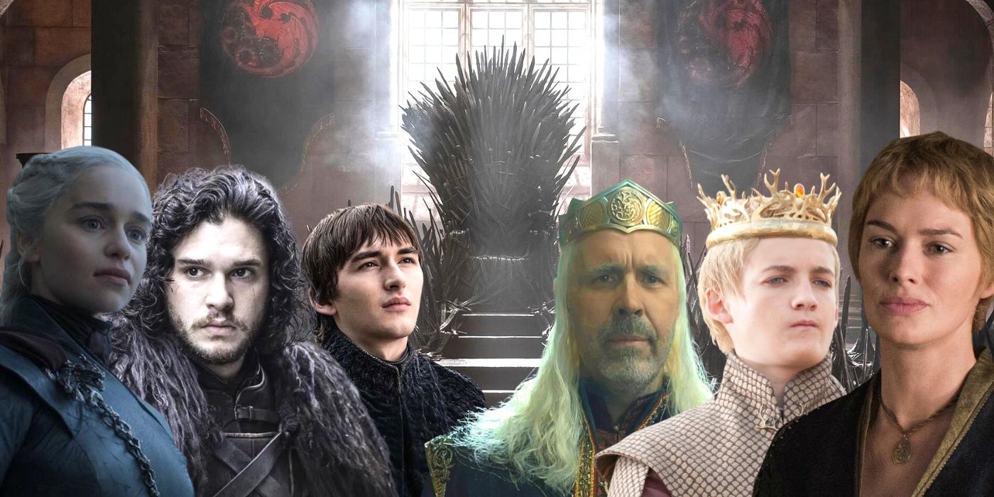 The Iron Throne, with Daenerys, Jon Snow, Bran, King Viserys from HOTD, Joffrey Baratheon, and Cersei Lannister in the foreground