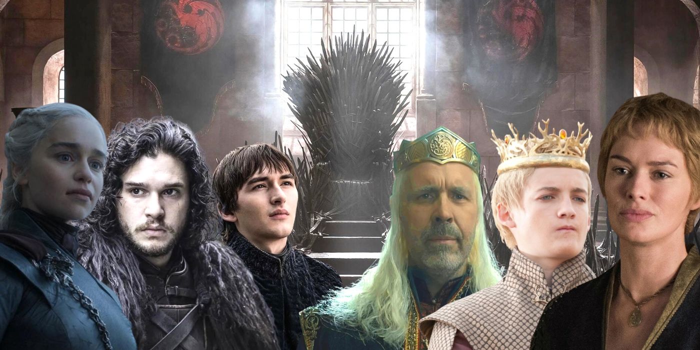 Eiserner Thron-Collage mit Daenerys, Jon Snow, Bran, König Viserys von HOTD, Joffrey Baratheon und Cersei Lannister im Vordergrund