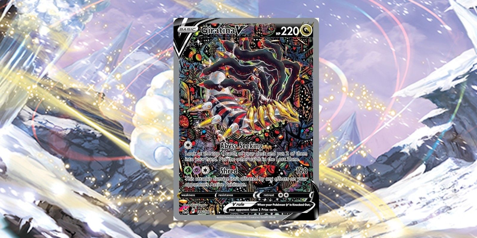 Alternate art Giratina V from the Lost Origin set centered over the Silver Tempest promo banner, placing the card in the center of a snowy landscape and in front of the Alolan Vulpix that's usually in the banner.
