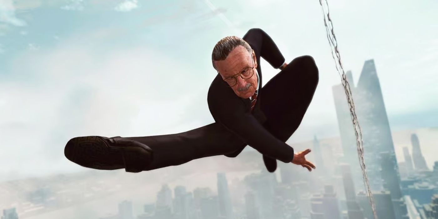 Um Stan Lee jogável, balançando na teia por Nova York no DLC de The Amazing Spider-Man.