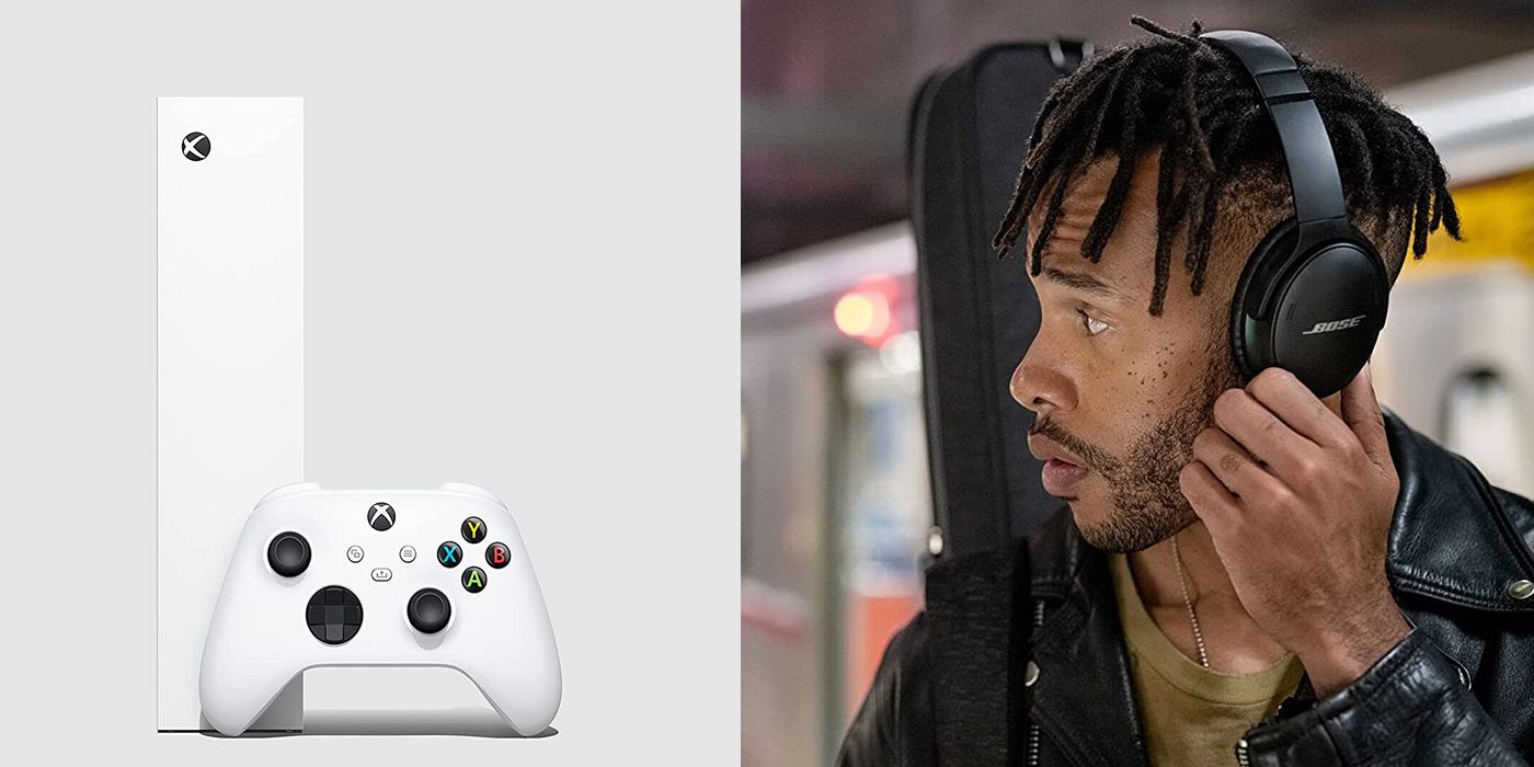 Split image of Xbox Series S and Bose QuietComfort 45 headphones