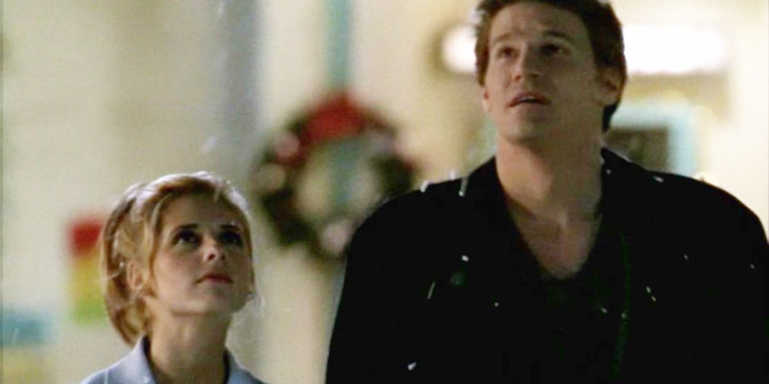 An image of Angel and Buffy looking at the snow in Buffy the Vampire Slayer