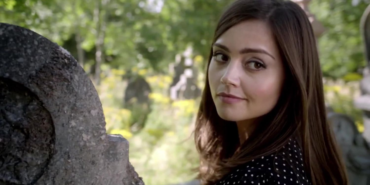 An image of Clara Oswald looking over her shoulder at someone off screen on Doctor Who.