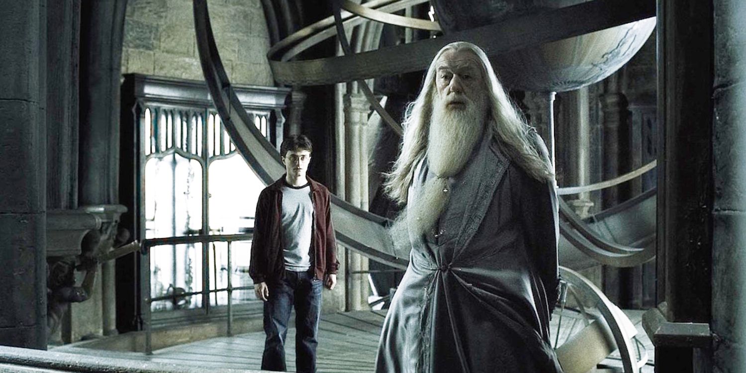 An image of Dumbledore and Harry standing in a tower in Harry Potter and The Half-Blood Prince