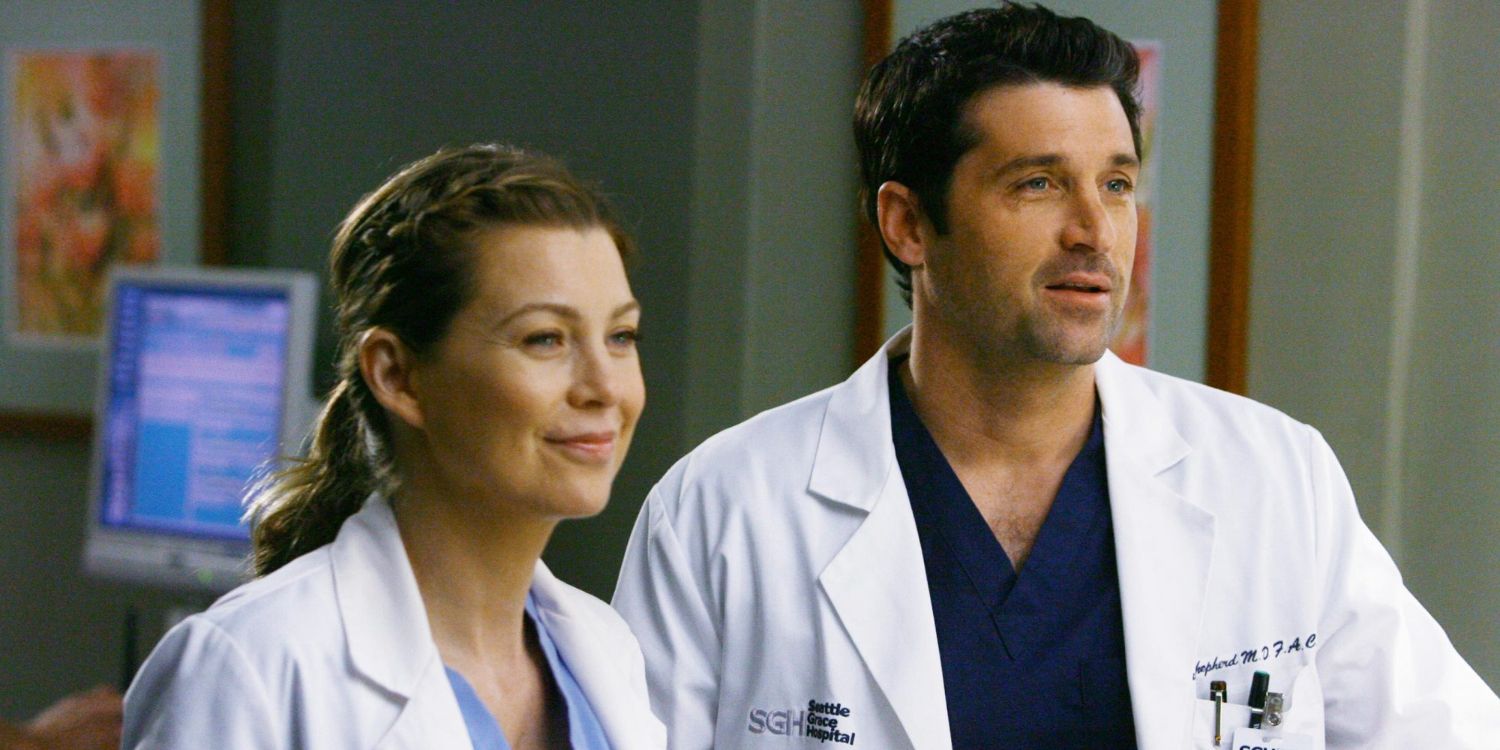 Ellen Pompeo as Meredith and Patrick Dempsey as Derek smiling in a patient's room in Grey's Anatomy