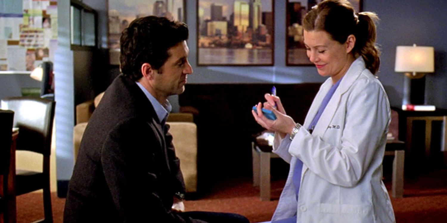 An image of Meredith and Derek writing their vows on a Post-It Note on Grey's Anatomy