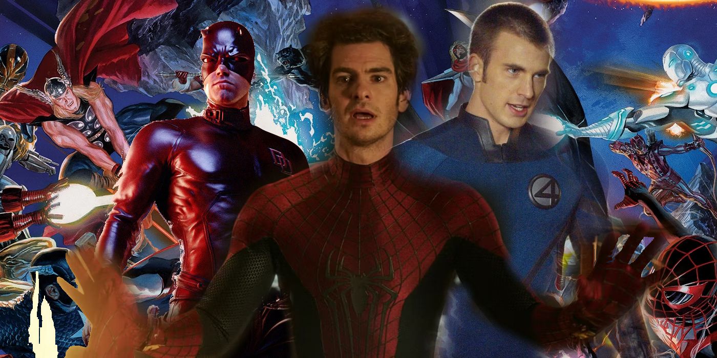 Secret Wars comic background with Andrew Garfield's Spider-Man, Ben Affleck's Daredevil, and Chris Evans's Human Torch