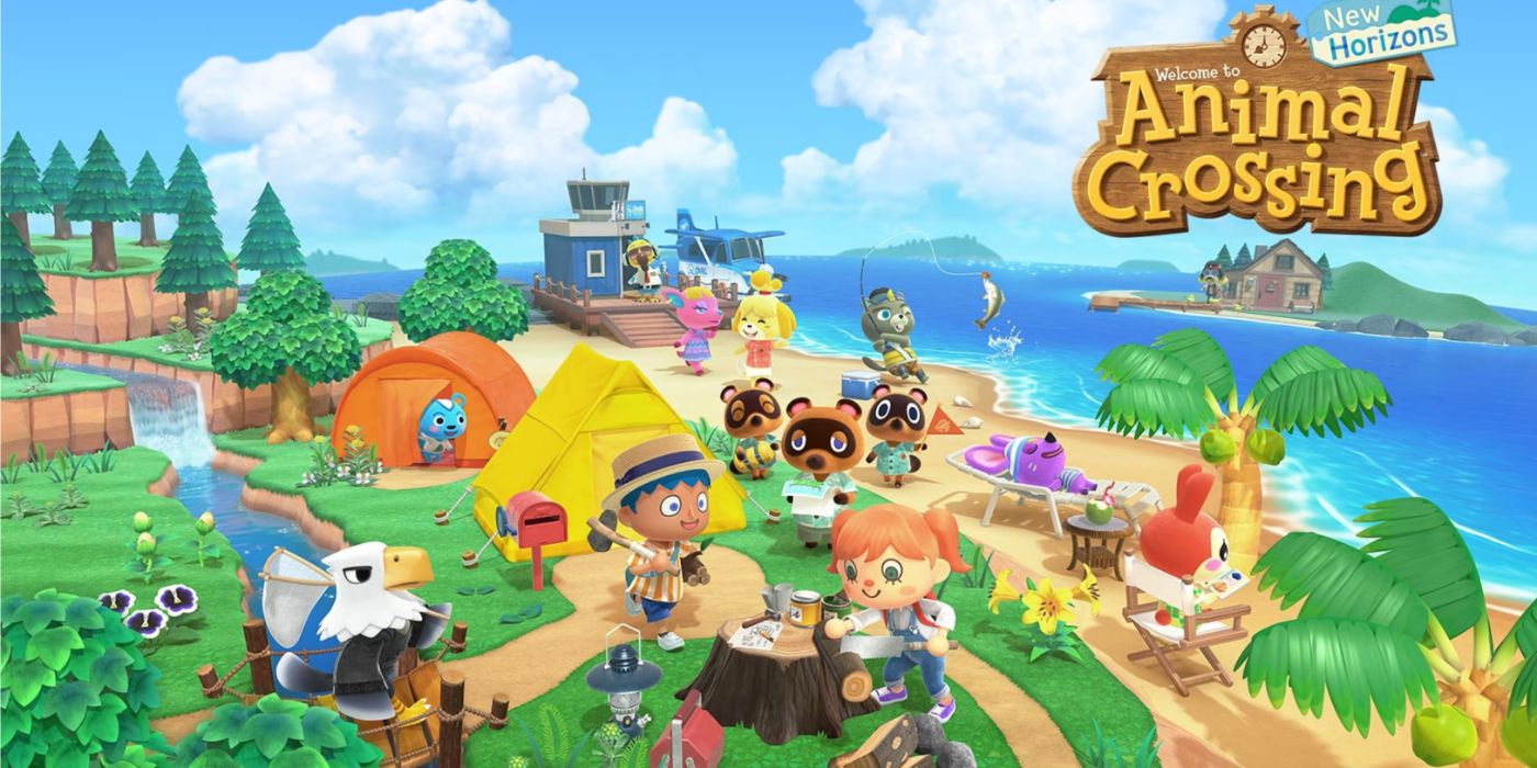 Animal Crossing: New Horizons key art featuring various characters living their colorful lives on the island.