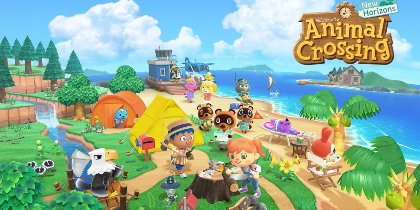 Arte principal de Animal Crossing: New Horizons com vários personagens vivendo suas vidas coloridas na ilha.