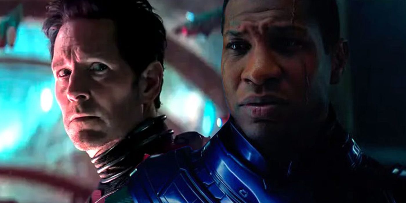 Imagem dividida: Scott Lang olha com medo por cima do ombro no trailer de Quantumania;  Kang, o Conquistador encara Scott