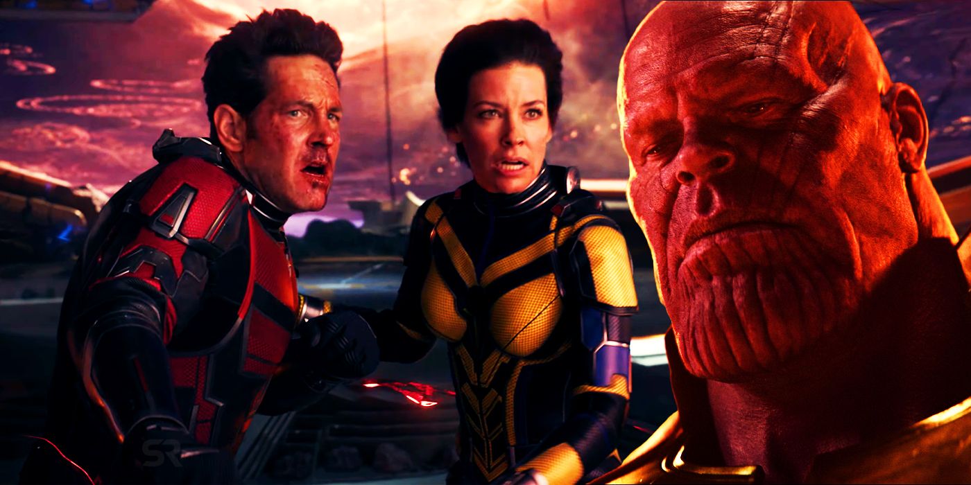 Paul Rudd as Scott Lang, Evangeline Lilly as Hope van Dyne, and Thanos