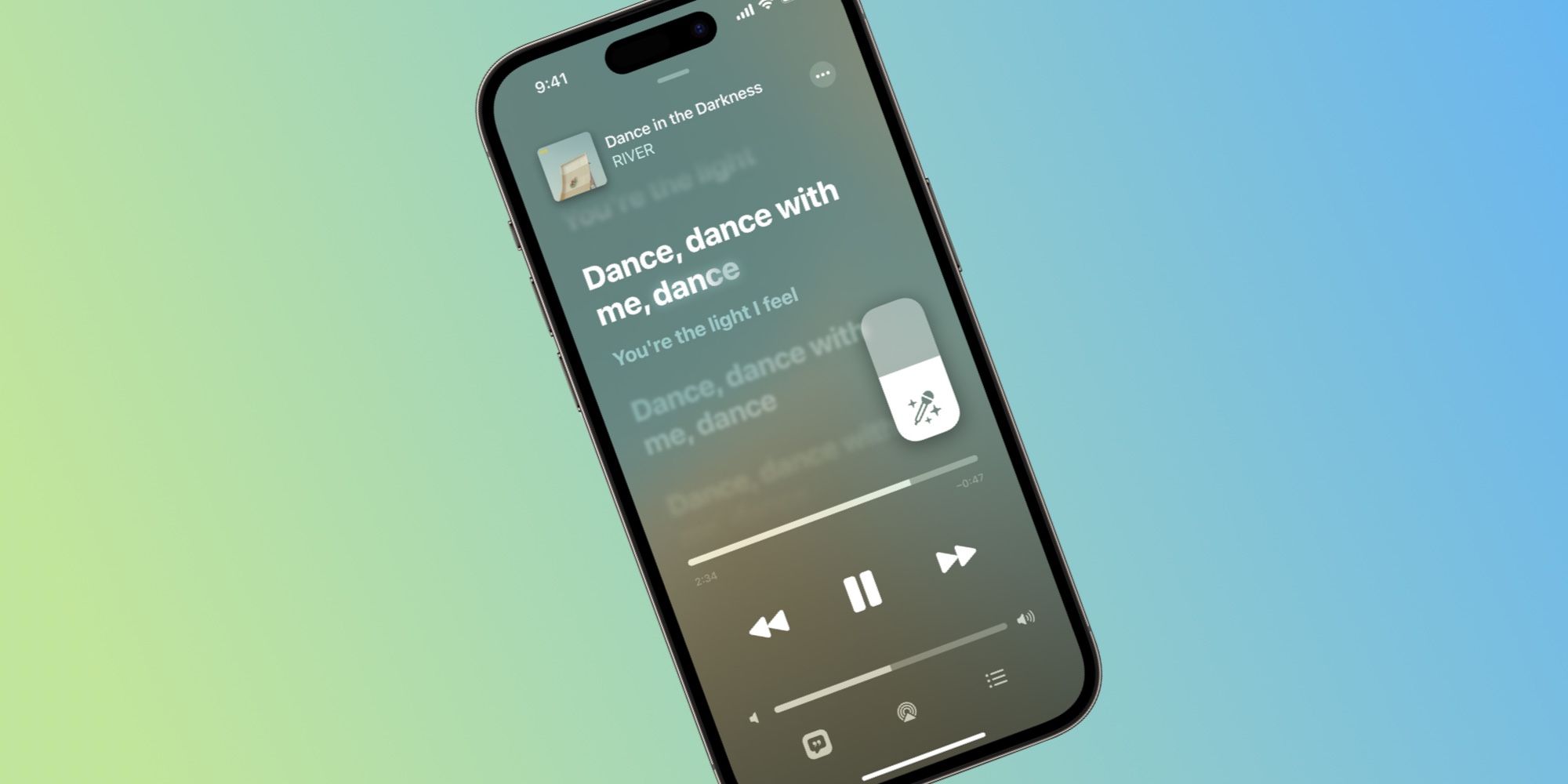 Apple Music's Sing Karaoke Mode on an iPhone 14 Pro over a gradient background