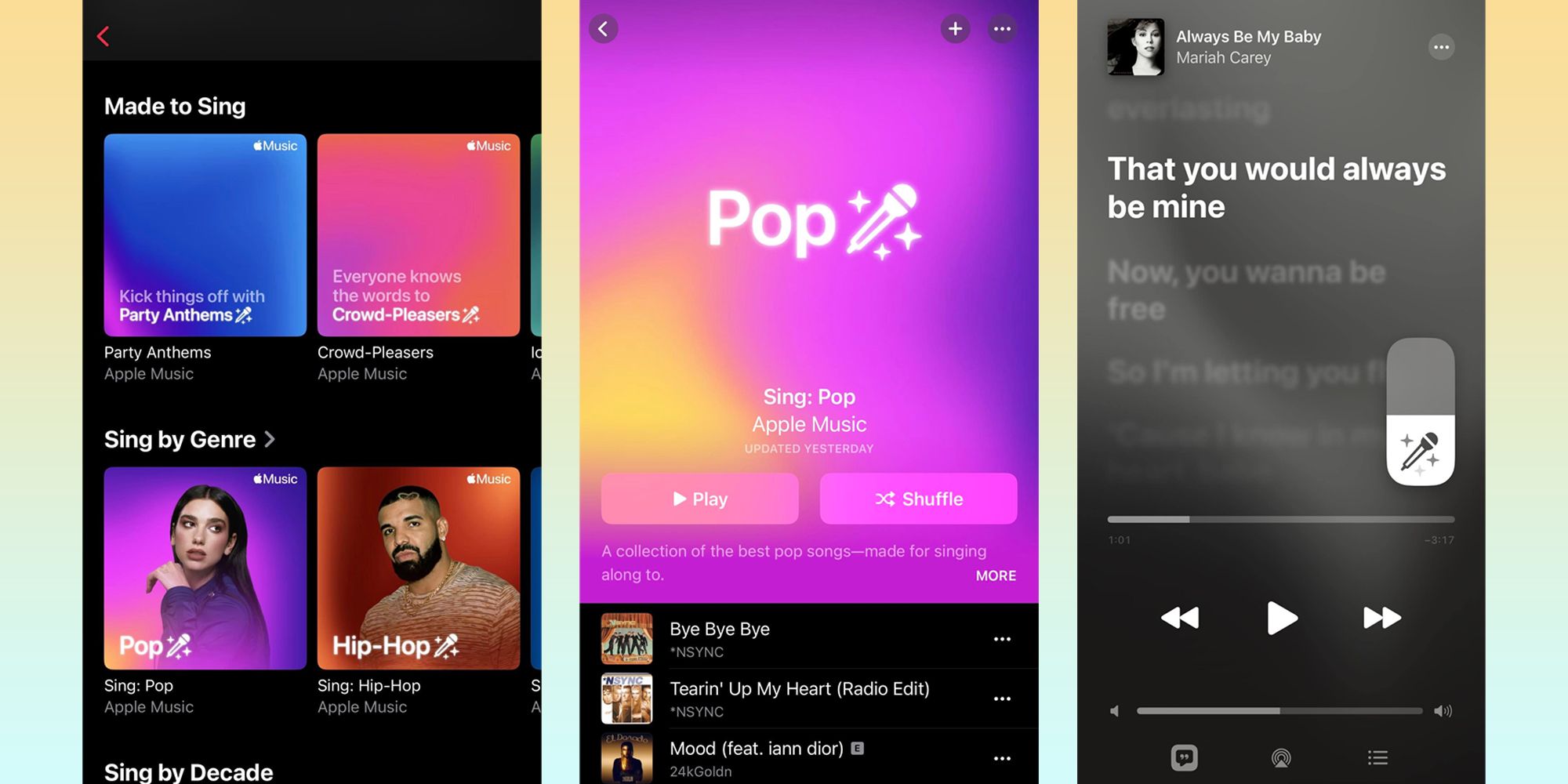 Apple Music Sing pages displayed on three iPhone screenshots