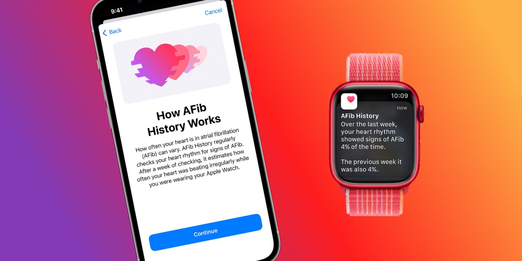 iPhone and Apple Watch displaying the Afib history feature