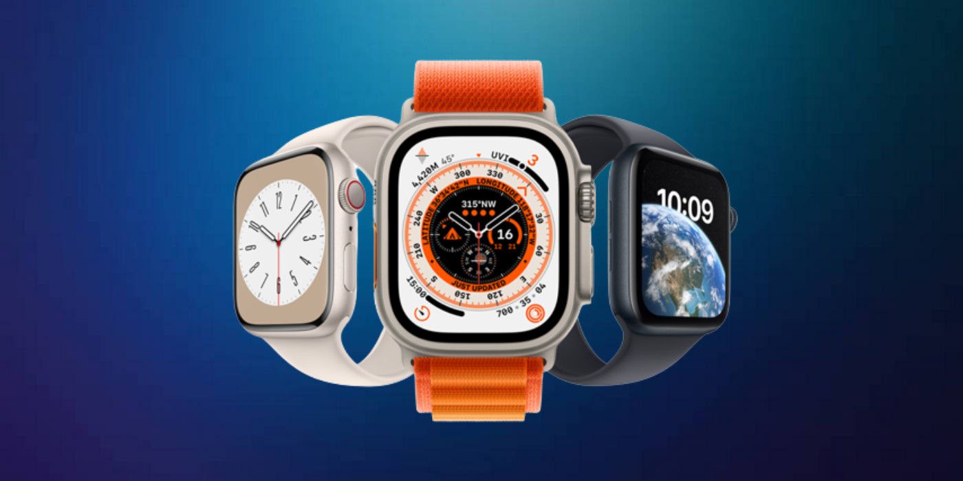 Apple Watch Ultra, Watch Series 8 e Watch SE 2 vistos em um fundo gradiente azul