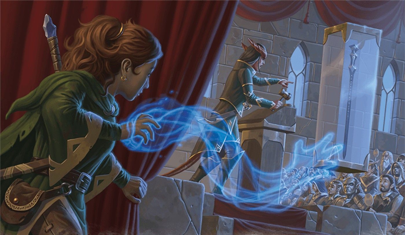 Arcan Trickster Rogue using Mage Hand while peering out at a speaker and a crowd from behind a curtain.