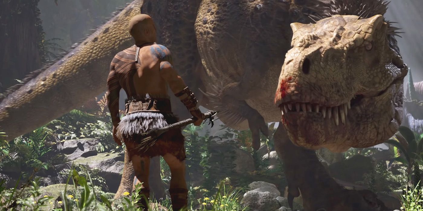 Um homem está enfrentando um dinossauro enquanto segura uma lança em Ark 2.