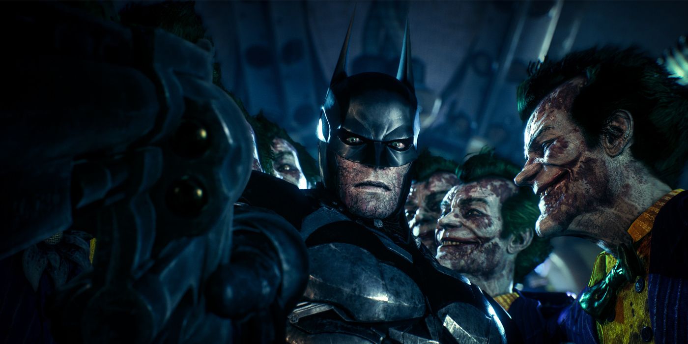 Batman stars down at the camera, pointing a revolver as he's surrounded by multiple hallucinations of the Joker in Batman: Arkham Knight.