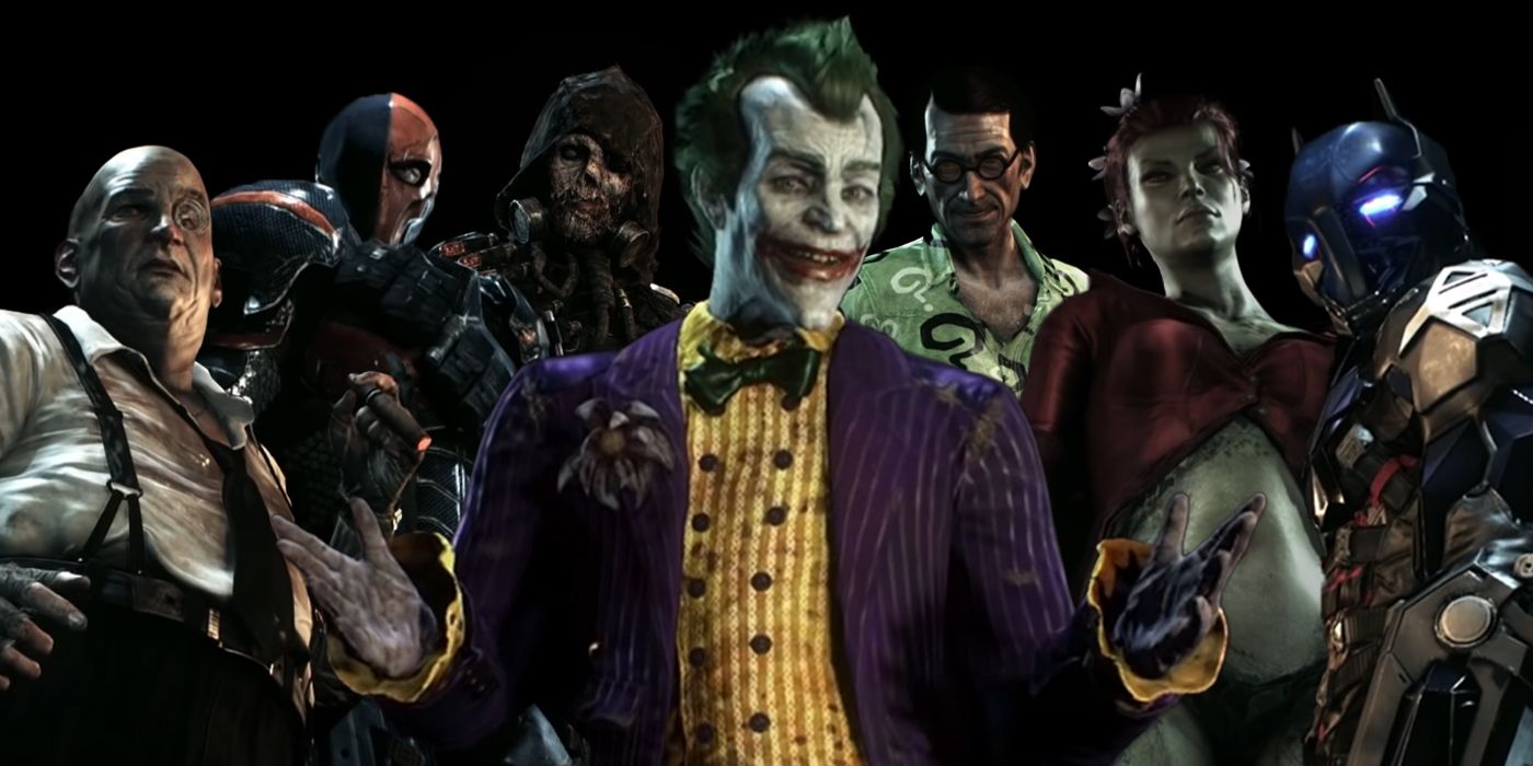 Penguin, Deathstroke, Scarecrow, Joker, Riddler, Poison Ivy, Arkham Knight from Batman: Arkham Knight's Game Over screens