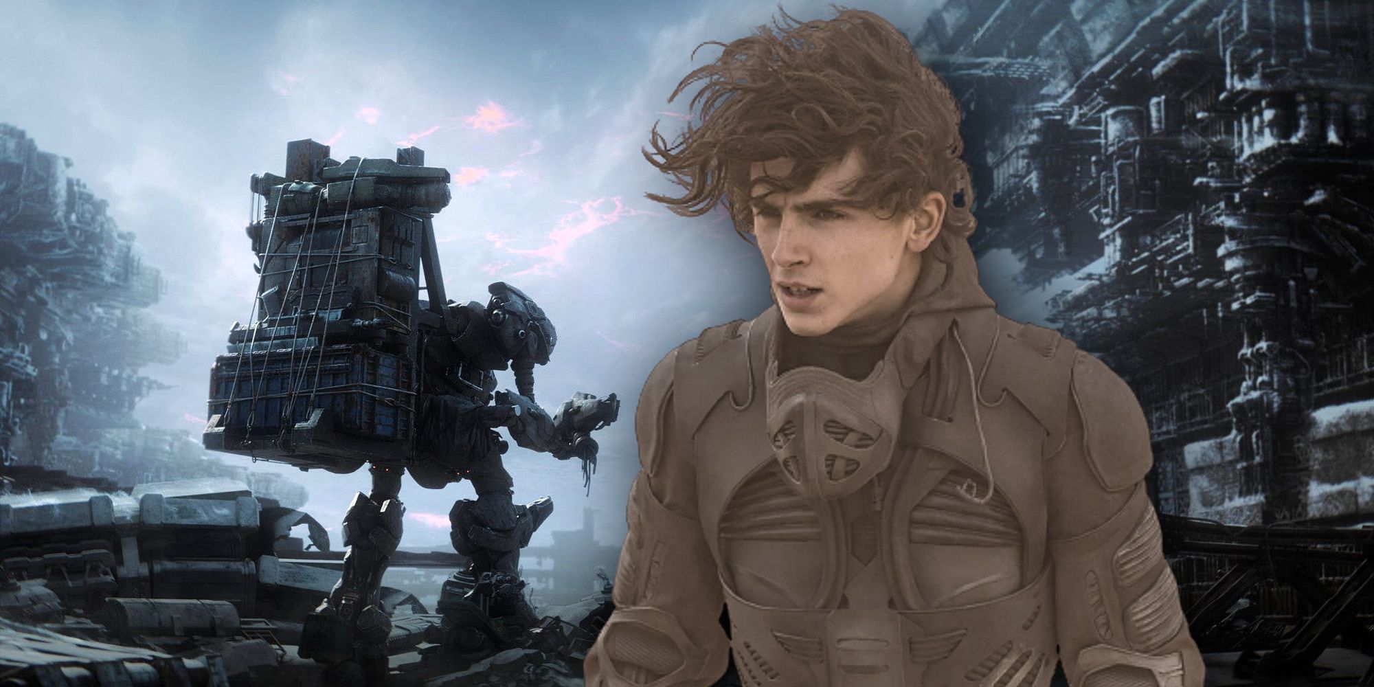 Image of a mech from Armored 6 pictured next to Dune's Paul Atreides.
