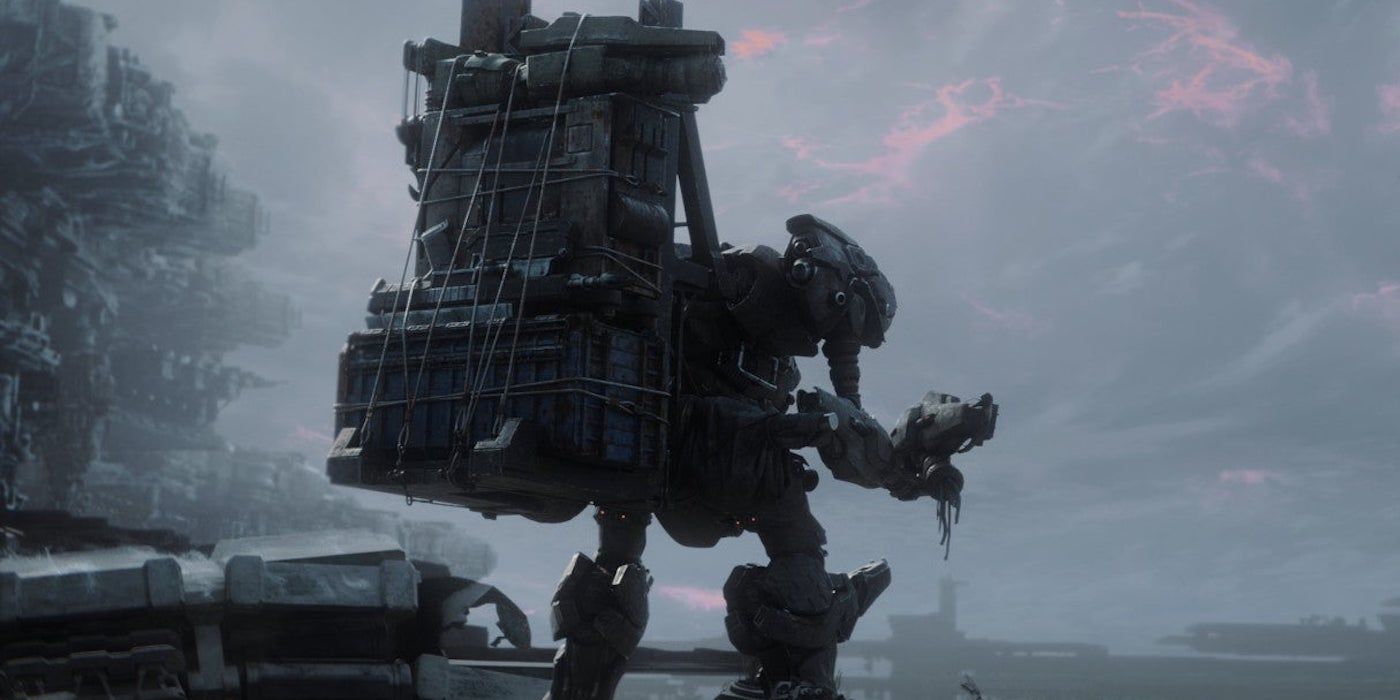 A mech with cargo strapped to its back in the Armored Core 6 trailer