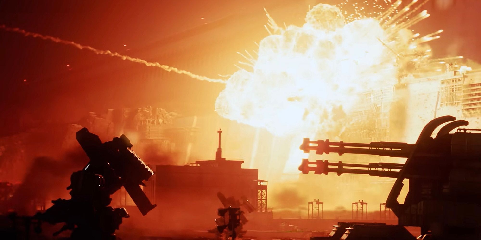 Image of a nighttime battle depicting several Armored Core mechs and turrets with a massive explosion behind them.