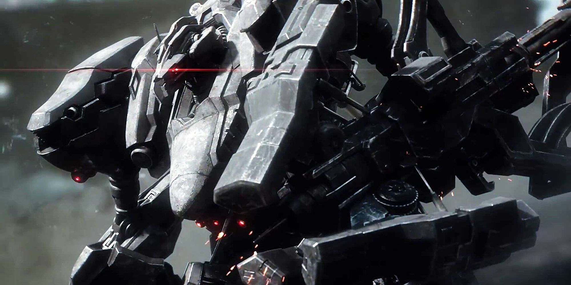 Image d'un robot Armored Core avec des yeux rouges brillants.