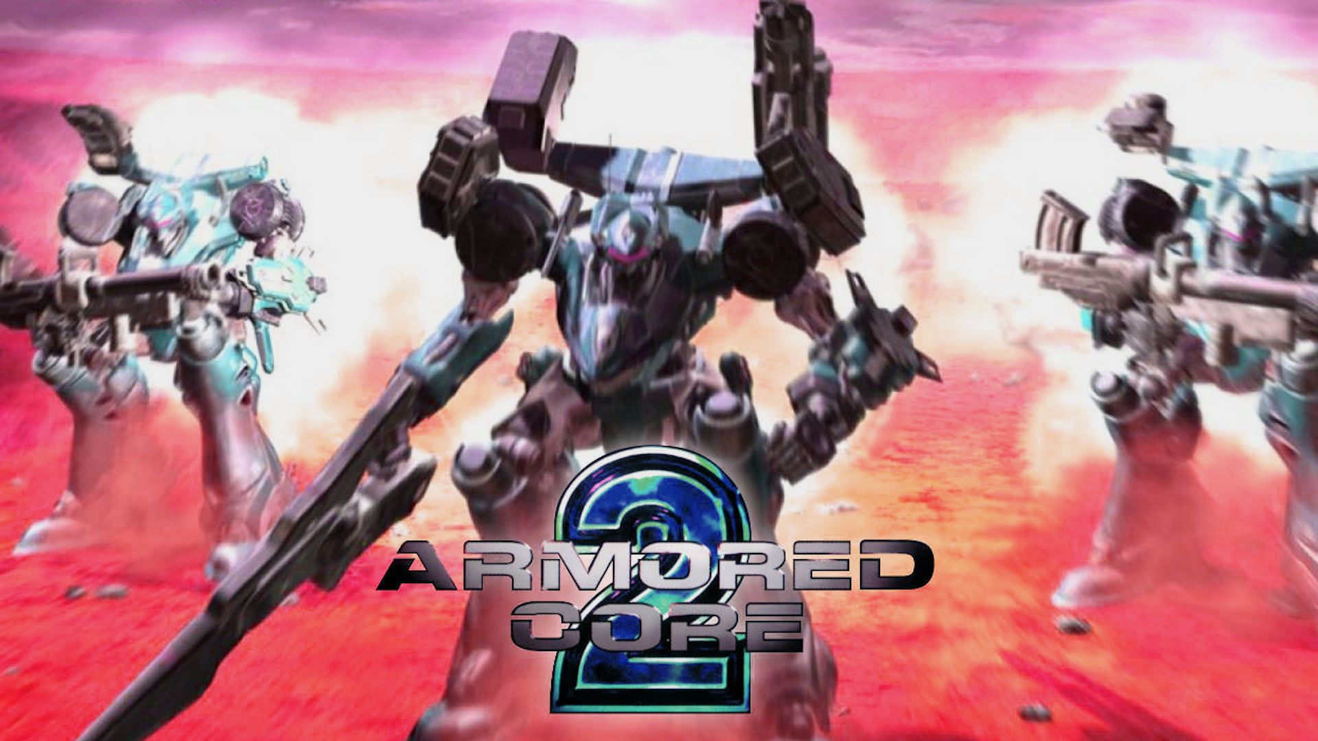 O logotipo do Armored Core 2 tem três grandes mecanismos atrás dele movendo-se em direção à tela enquanto viaja na superfície vermelha de Marte.