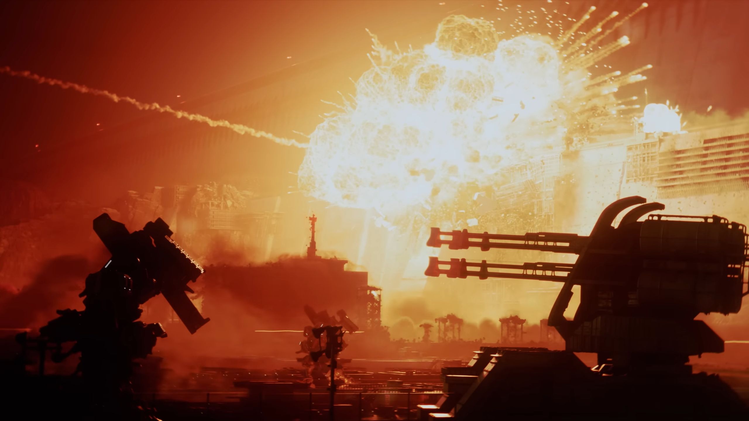 An image from the trailer for Armored Core 6, showing an exploding wall protected by turrets and mechs