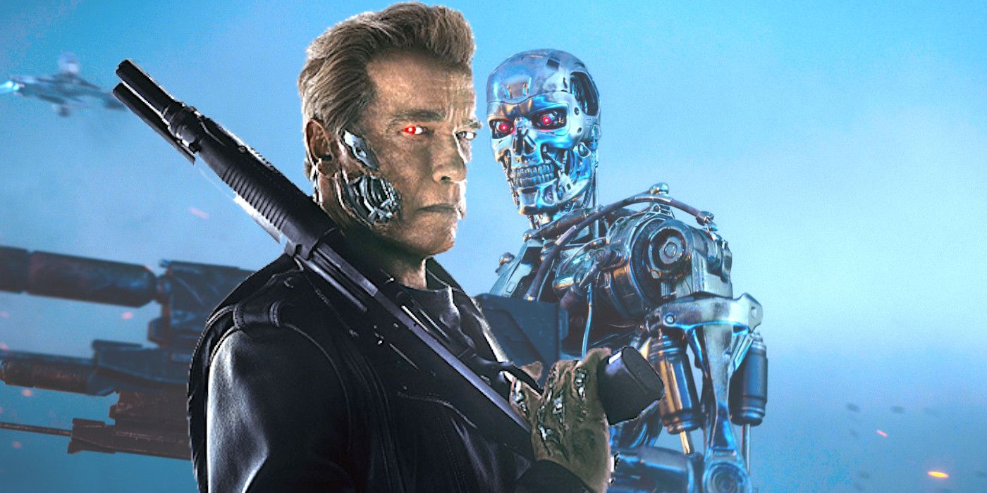 Arnold Schwarzenegger as the Terminator brandishing a weapon with his skin torn from his face to expose his robot skeleton, backdropped by a fully naked Terminator robot