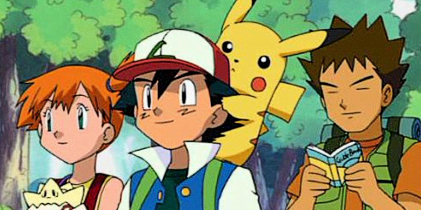 Ash, Misty e Brock em uma jornada Pokémon na primeira temporada de Pokémon