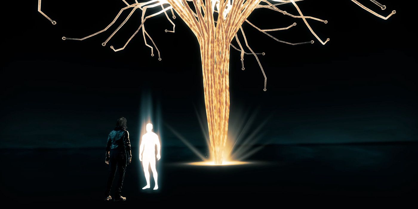 Layla berbicara dengan Reader in the Grey di Assassin's Creed Valhalla.  Latar belakangnya benar-benar hitam kecuali pohon emas dan pembacanya adalah siluet cahaya yang bersinar 