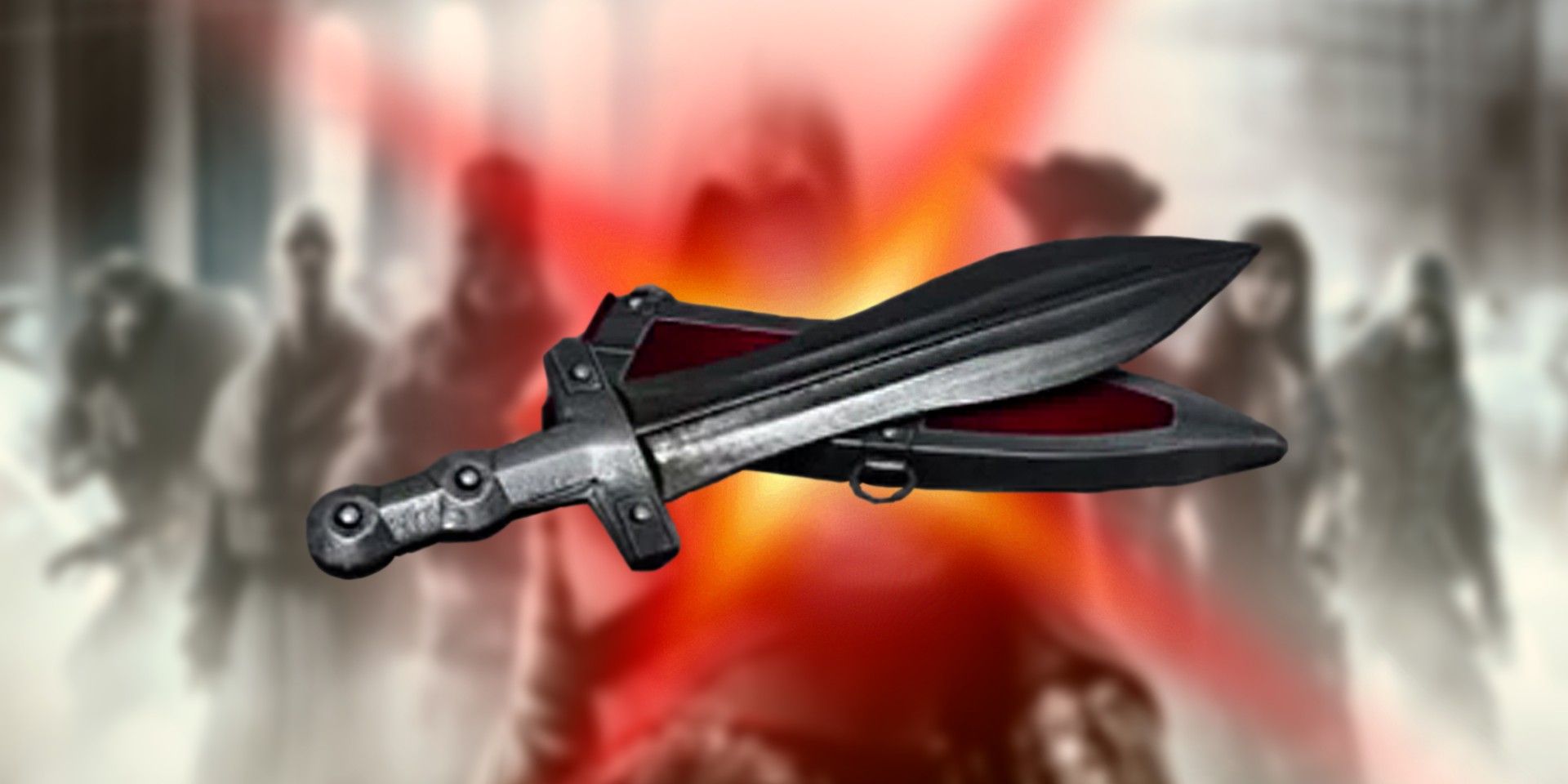 Assassin's Creed: Dagger of Brutus da Irmandade com uma luz de fundo vermelha.  No fundo, há alguns personagens borrados do jogo.