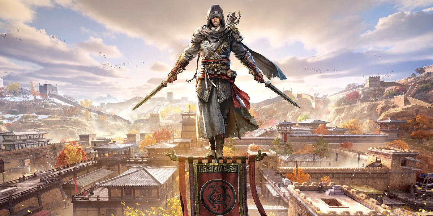 Arte de um Assassino no topo de um mastro de bandeira na China Medieval em Assassins Creed Jade