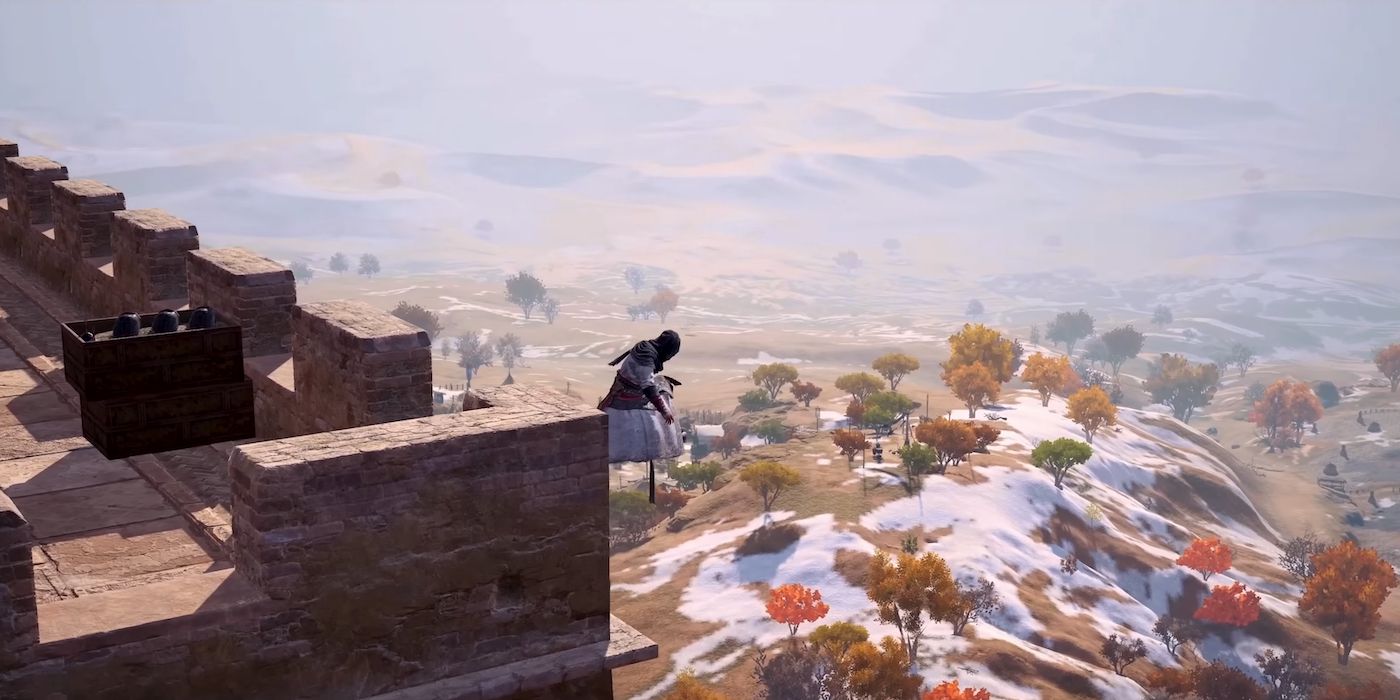 Um Assassino sentado no topo da Grande Muralha da China no trailer de Assassins Creed Jade