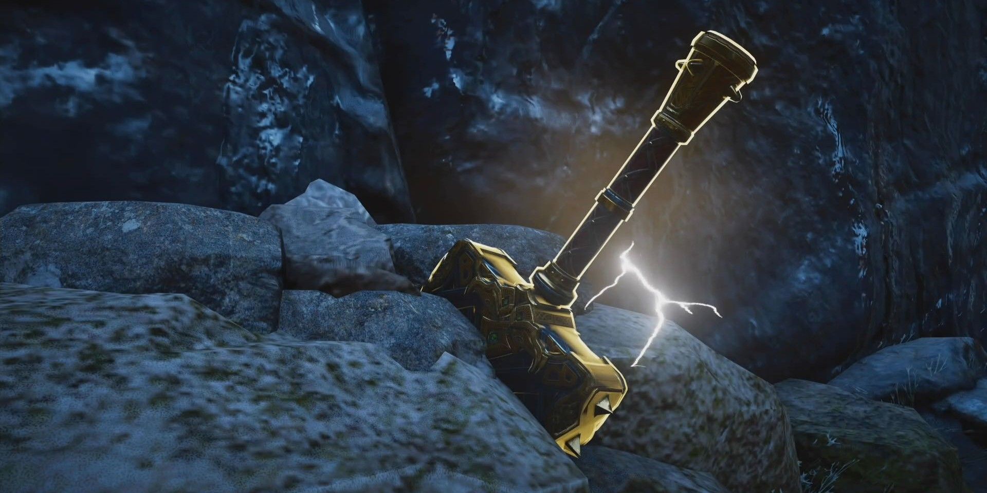 Um Mjolnir eletricamente imbuído está sobre uma rocha em Assassin's Creed Valhalla.