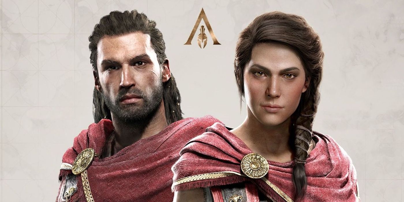 Image of Assassin's Creed Odyssey protagonists Alexios and Kassandra stood back to back against a marble background.