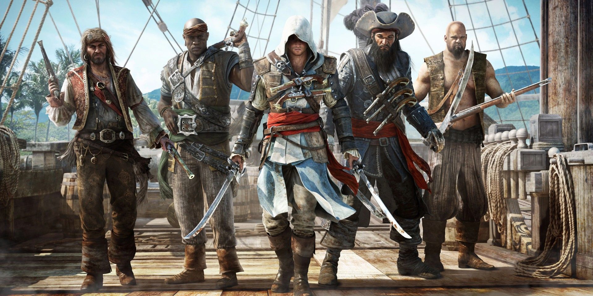 Assassin's Creed IV: Black Flag's Edward Kenway wielding two swords, surrounded by four other pirates on a ship's deck.