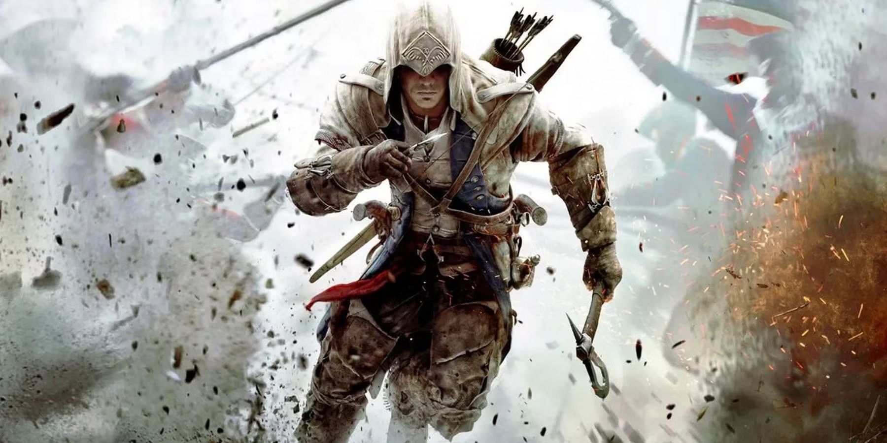 Connor Kenway, de Assassin's Creed, atravessa explosões no campo de batalha empunhando sua machadinha e lâmina oculta.