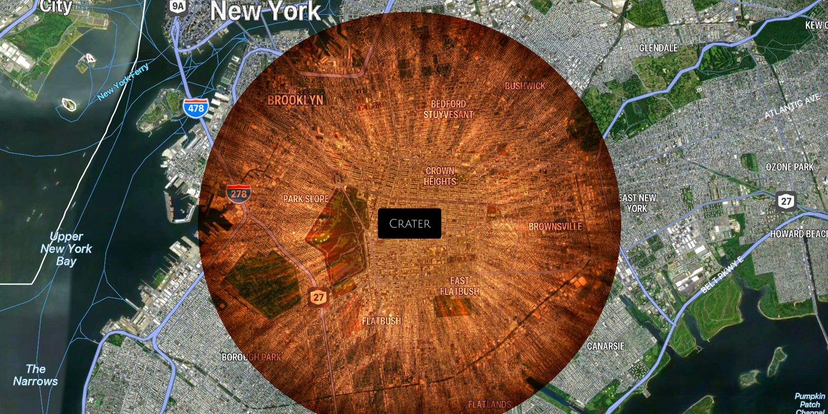 A simulated crater is pictured in brown superimposed over a map of Brooklyn, showing the radius of the crater from a hypothetical asteroid impact