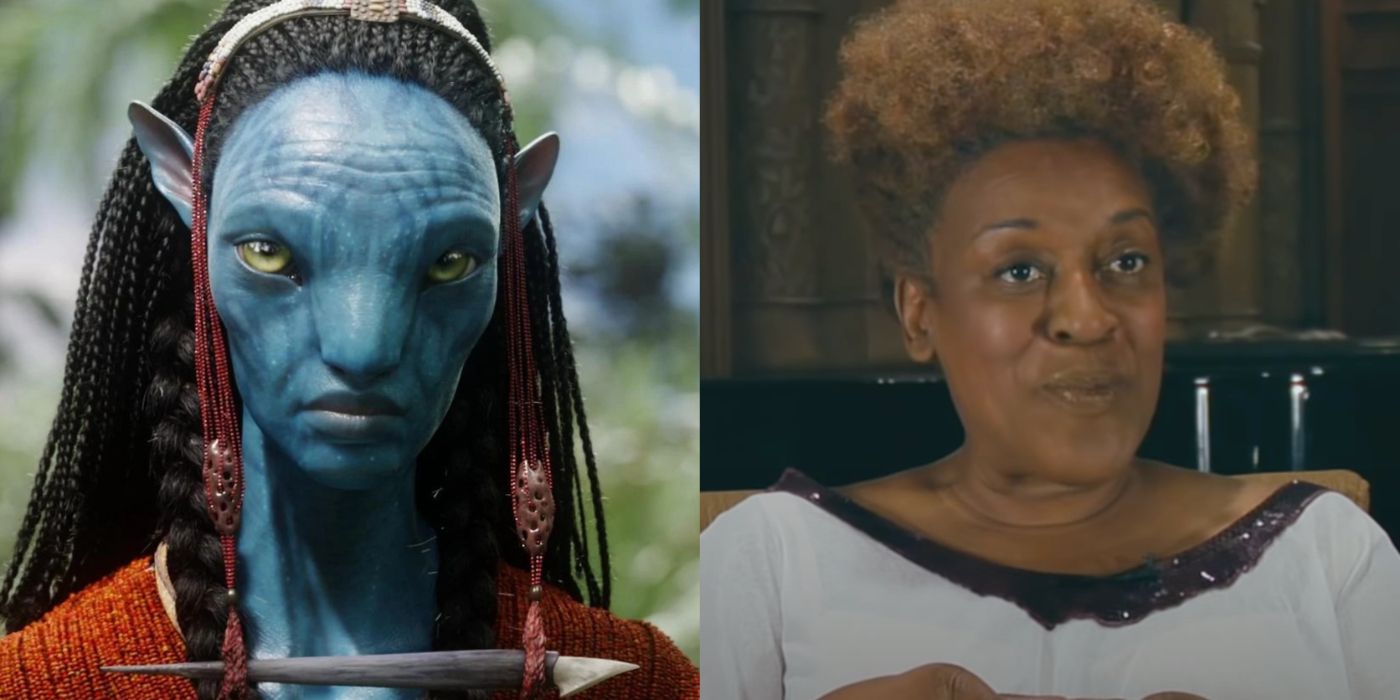 Split image of Mo'at in Avatar: The Way of Water and CCH Pounder