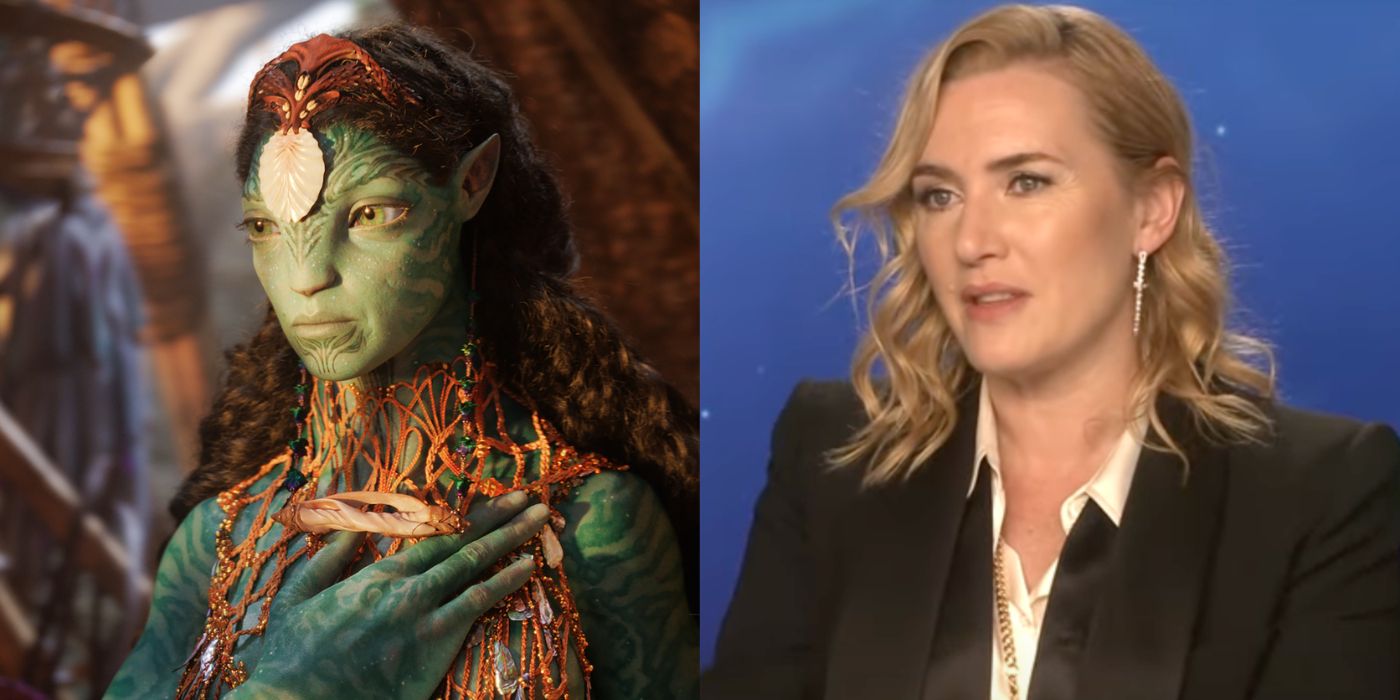 Split image of Ronal in Avatar: The Way of Water and Kate Winslet