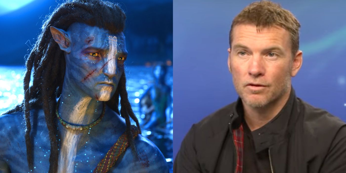 Split image of Jake Sully in Avatar: The Way of Water and Sam Worthington