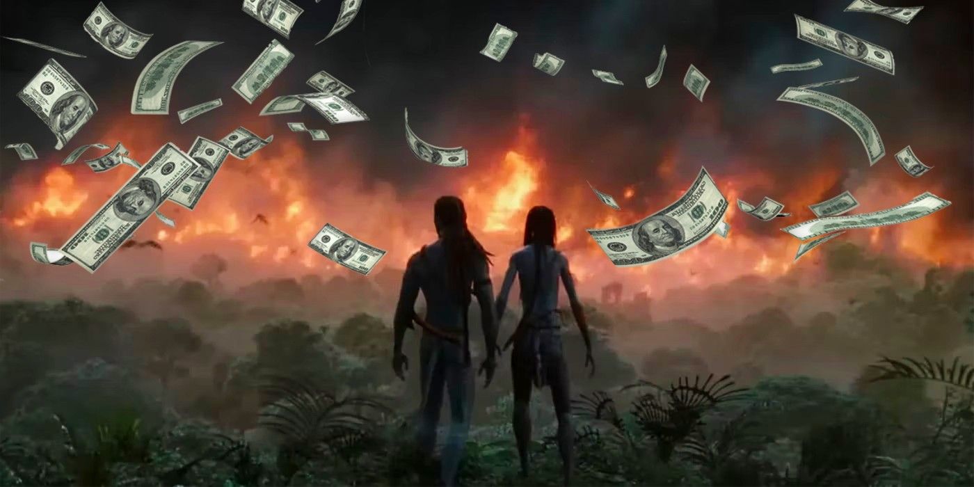 Avatar characters standing in a field of falling money