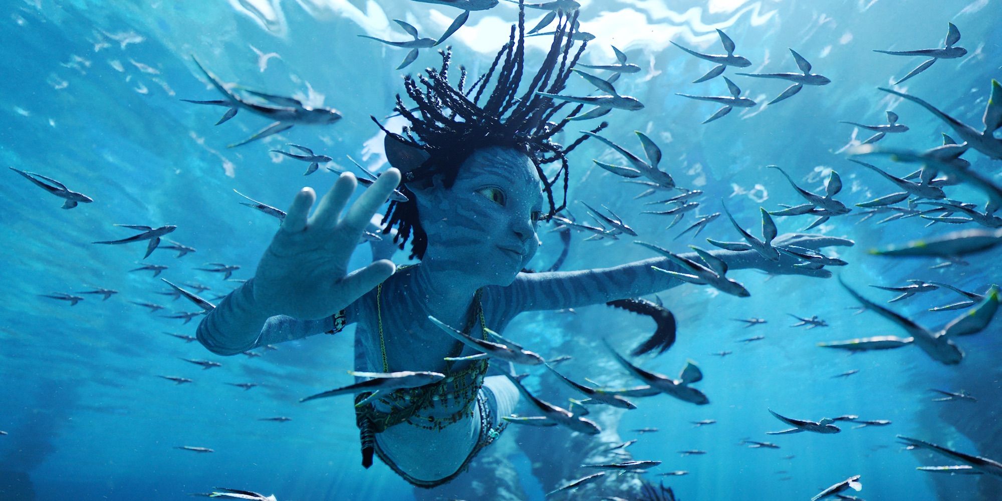 Duke swimming underwater with fish in Avatar the Way of Water