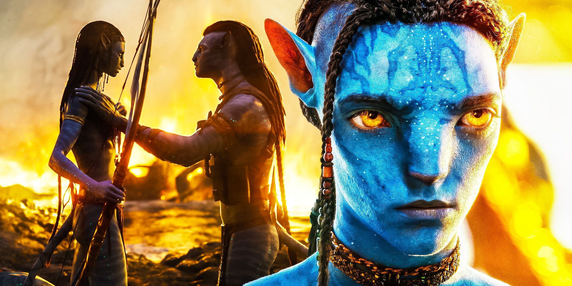 A composite image of Loak looking toward the camera in front of Jake and Neytiri embracing before a burning field in Avatar The Way of Water