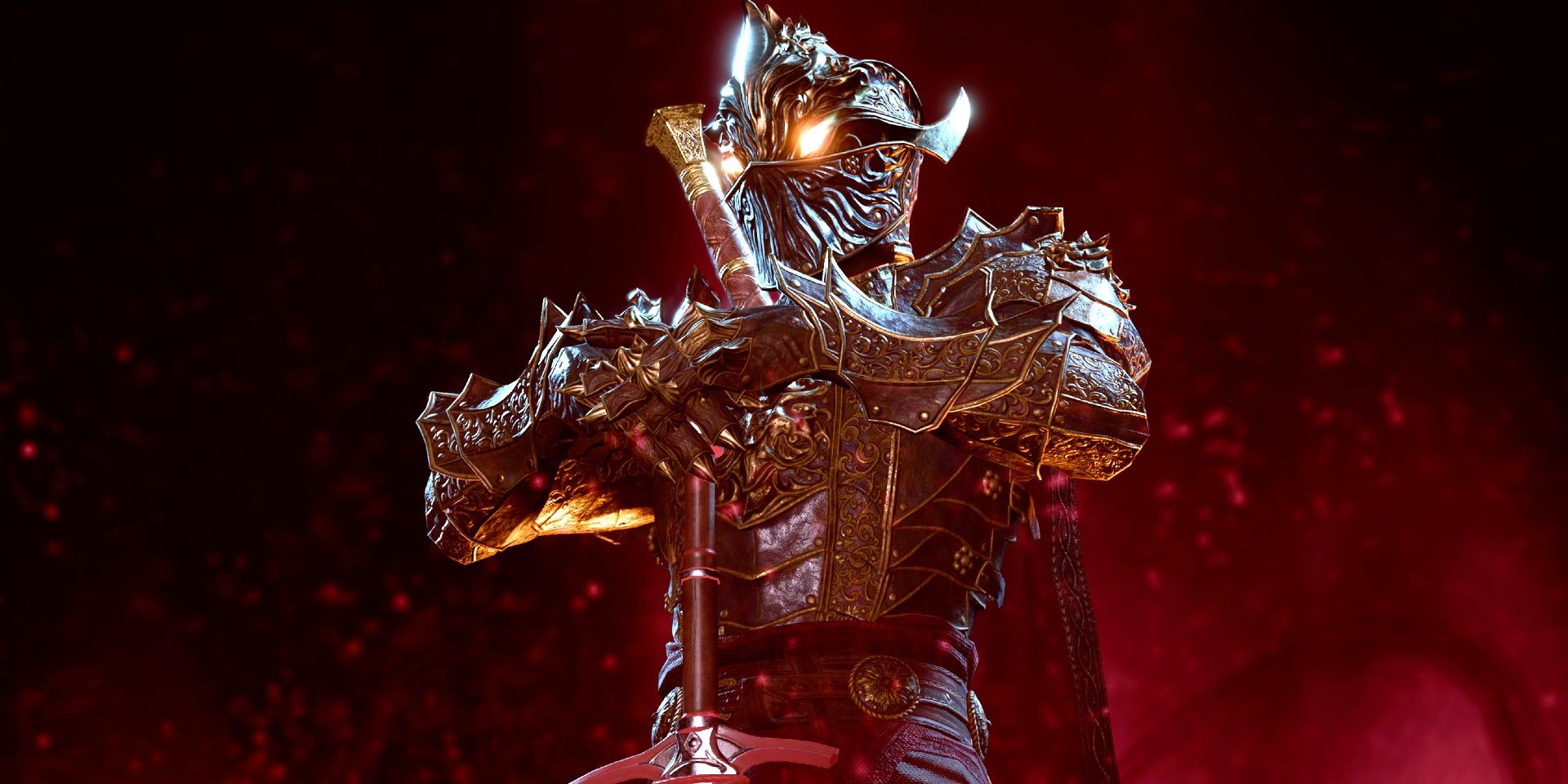 Um paladino do Baldur's Gate 3 Oathbreaker, vestindo uma armadura intimidante de cor escura com olhos vermelhos brilhantes.